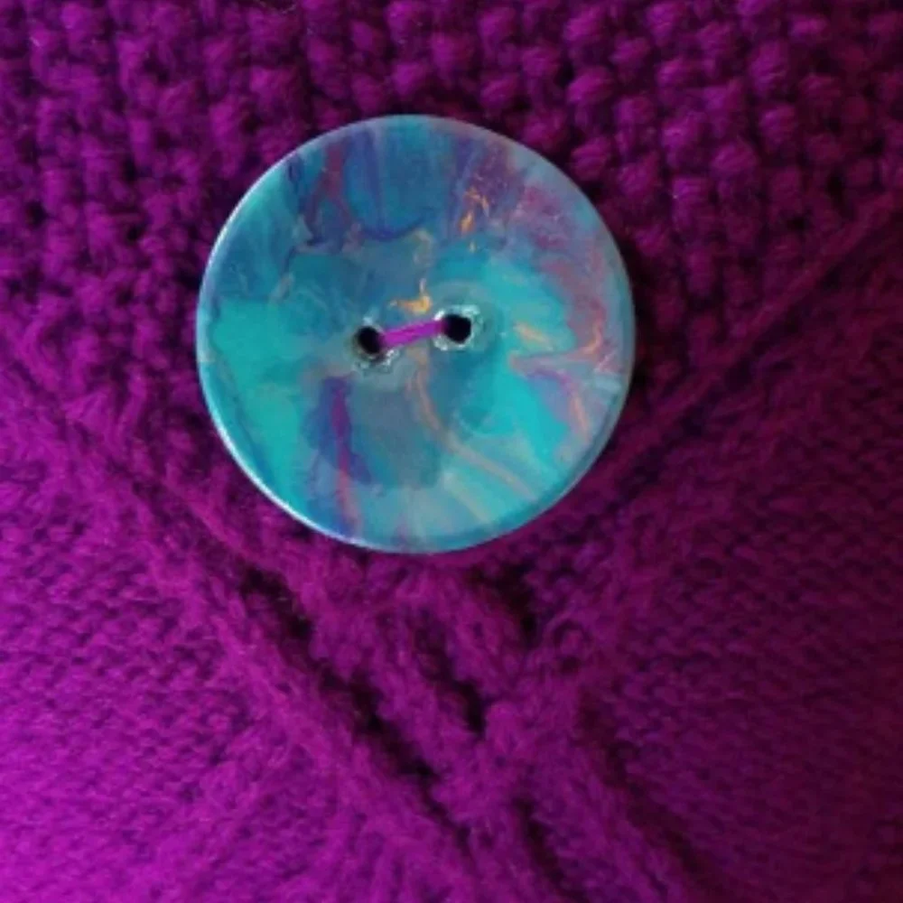 Hand Crafted Knit Throw Pillow Cable Purple w/ Hand Painted Button Home Dec…
